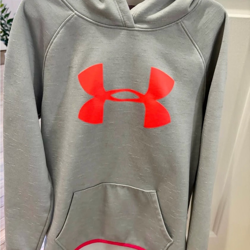 Under Armour Light Gray Hoodie with Neon Pink Logo